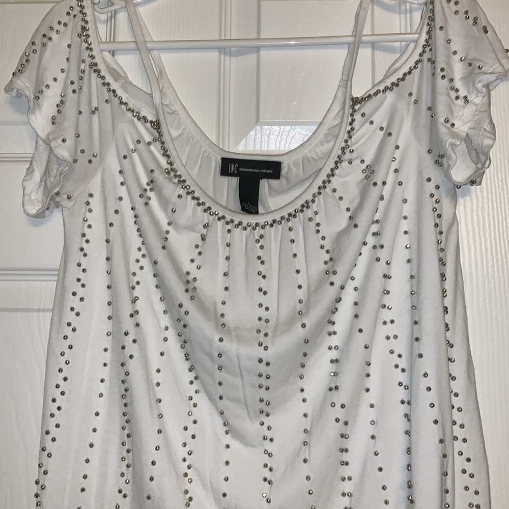 International Concepts white cold shoulder spagetti strap white top embellished